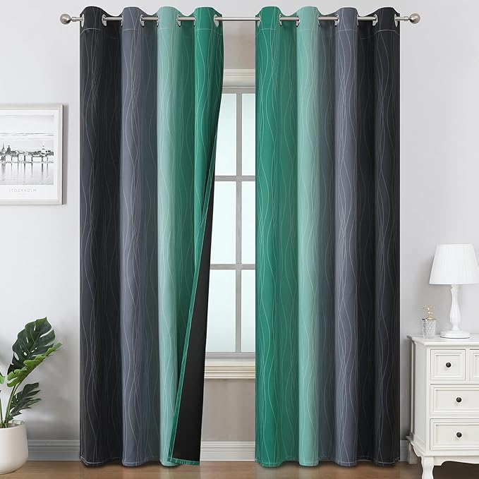 Estelar Textiler Black and Green Ombre Blackout Curtains & Drapes for Living Room, Thermal Insulated Grommet Energy Saving Window Gradient Curtains for Bedroom, 52Wx108L, 2 Panels