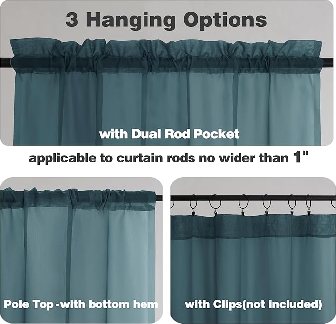 Chyhomenyc Dusty Blue Sheer Curtains 36 inch Length 2 Panels, Light Filtering Voile Short Window Curtians for Bathroom Small Windows, 42Wx36L inches,Stone Blue