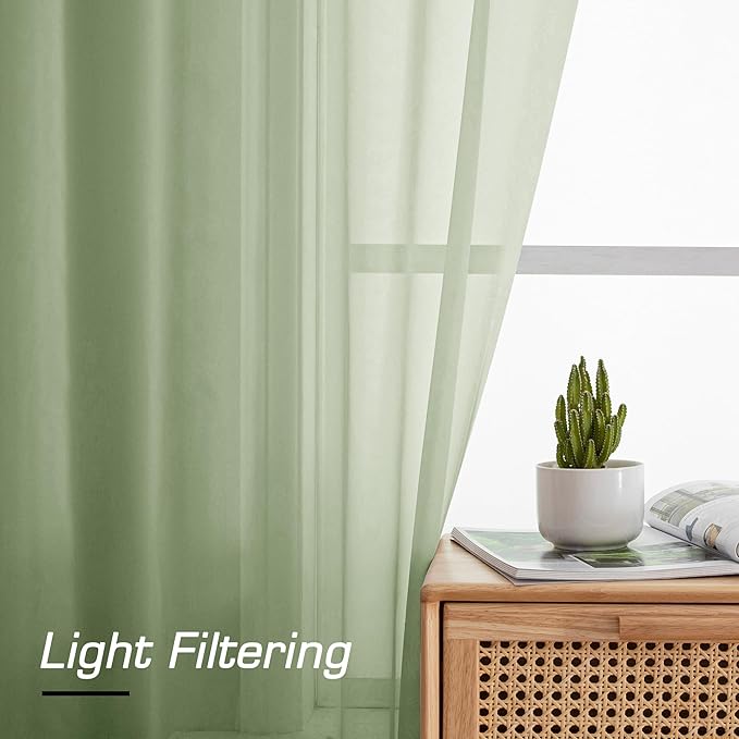 Simplebrand Light Green Sheer Curtains 63 Inch Length 2 Panels, Rod Pocket Solid Color Window Sheer Curtain Panels, Elegant Curtains & Drapes for Living Room, Bedroom 2 Panels, 42" W x 63" L