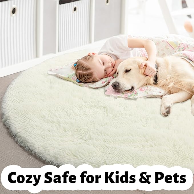 Amdrebio Ivory White Round Rug 5Ft for Bedroom Living Room Aesthetic, Neutral Fluffy Fuzzy Circle Area Rugs for Kids Room Playroom, Circular Plush Soft Shaggy Cream Carpet for Dorm Teen Baby Nursery