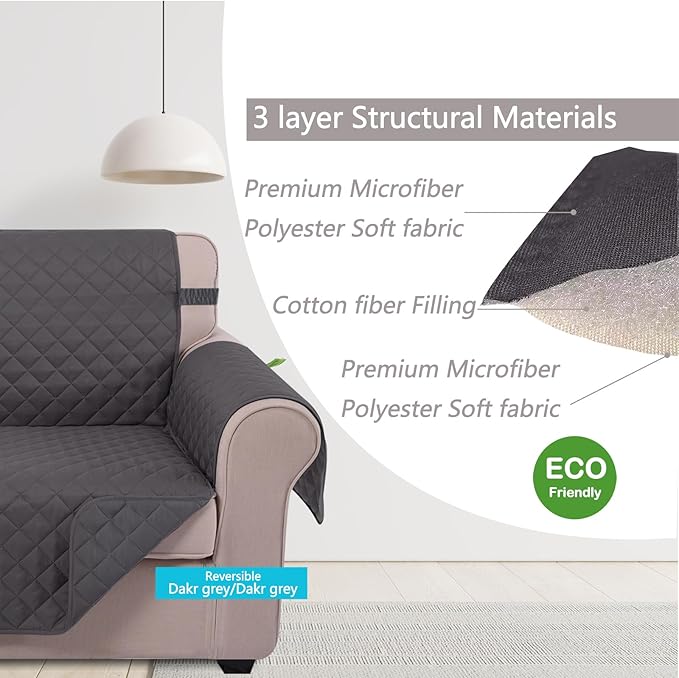 U-NICE HOME Large Sofa Cover Reversible Couch Cover for Dogs with Elastic Straps Water Resistant Furniture Protector for Pets Couch Cover for 4 Cushion Couch (Oversized Sofa, Dark Grey/Dark Grey)