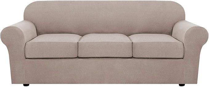 H.VERSAILTEX 4 Piece Stretch Sofa Covers for 3 Cushion Couch Covers for Living Room Slipcovers (Base Cover Plus 3 Seat Cushion Covers) Upgraded Thicker Jacquard Fabric (Sofa, Sand)