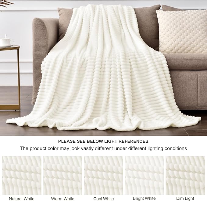 BEDELITE Fleece Throw Blanket for Couch – 3D Ribbed Jacquard Soft and Warm Decorative Fuzzy Blanket – Cozy, Fluffy, Plush Lightweight Cream Throw Blankets for Bed, Sofa, 50x70 inches