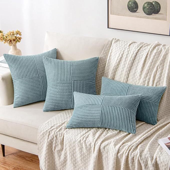 MIULEE Sky Blue Decorative Throw Pillow Covers 18x18 Inch for Couch Bed Sofa Pack of 2 Boho Farmhouse Throw Pillows Soft Cross Corduroy Patchwork Textured Cushion Cases
