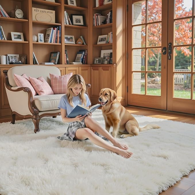 Area Rugs 9x12 Living Room, Shaggy Carpet Soft Plush Furry Bedside Rug Large Area Rugs for Bedroom Kids Girls Boys Home Decor Anti Slip(9 x 12, Cream)