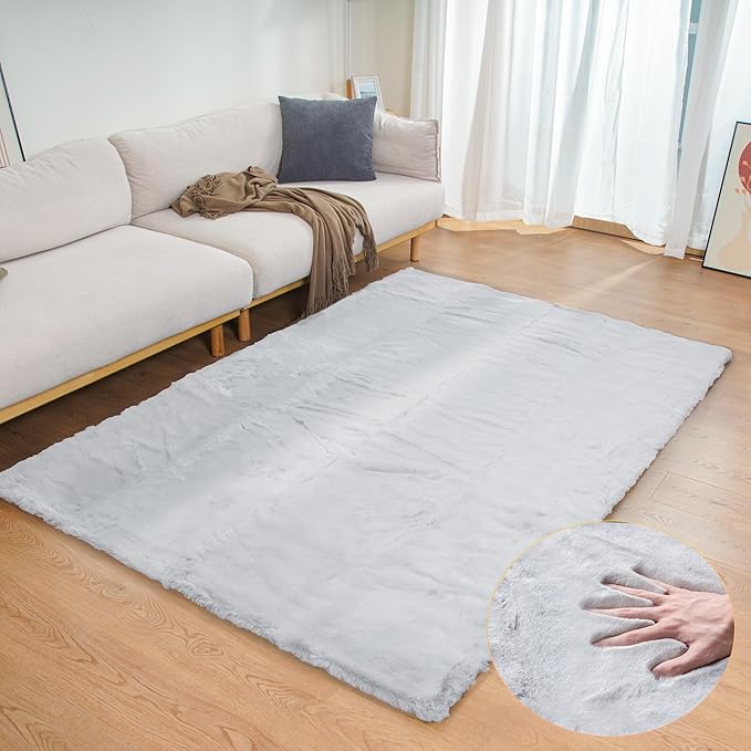 ORINOVA Faux Fuzzy Machine Washable Bunny Fur Area Rugs for Living Room Grey Fluffy Rug for Bedroom Sheepskin Rug 4x6 Rectangle Nursery