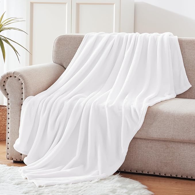 Exclusivo Mezcla Fleece Throw XL Blanket for Couch, Sofa, Super Soft and Warm Pure White Blankets, All Season, Cozy, Plush, Lightweight, 50x70 Inches