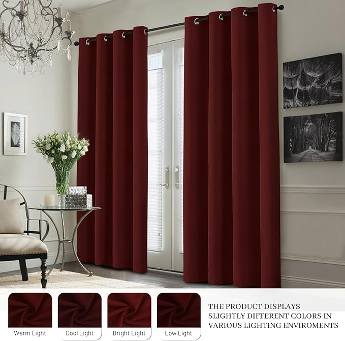 Yakamok 100% Blackout Curtain Panels 84 inches Cold and Light Blocking Drapes for Nursery, 2 Thick Layers Thermal Insulated Draperies (2 Pieces, 50 inch Width, Burgundy Red/White Backing)