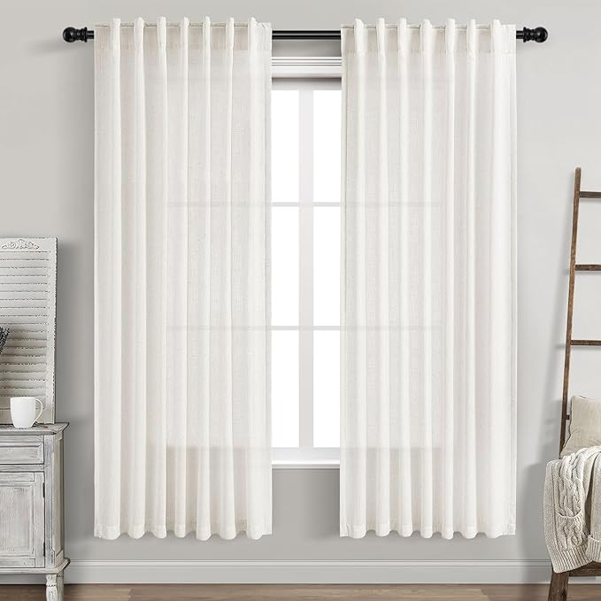 Beige White Linen Curtains 72 Inch Length for Living Room Lightweight Door Drapes 2 Panels Set for Kids Bedroom Sheer Light Filtering Back Tab Rod Pocket Curtain for Kitchen Protect Privacy 52x72