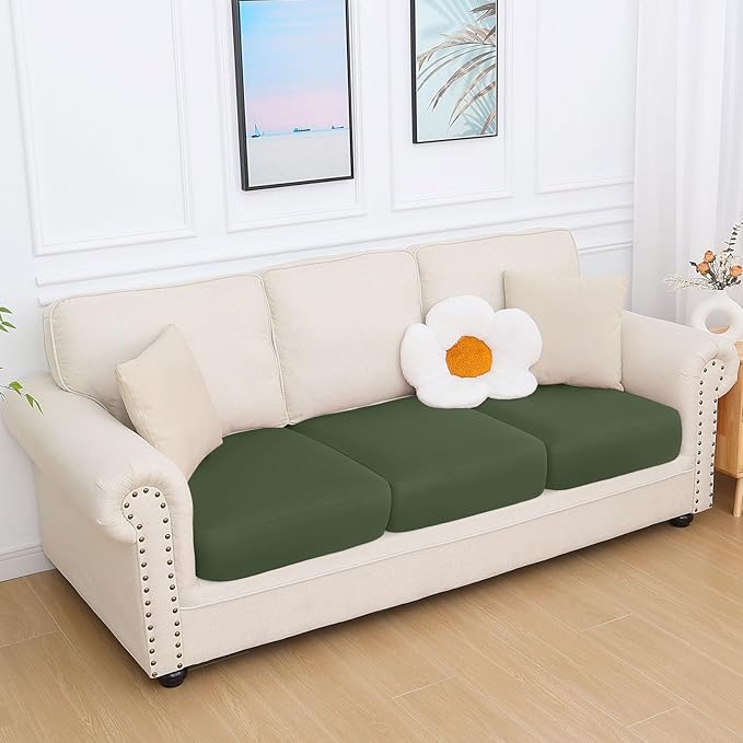 hyha Milk Silk Couch Cushion Covers, Soft Magic Sofa Covers Washable for 3 Cushion Couch, Stretch Sectional Outdoor Cushion Covers for Patio Furniture with Elastic Bottom(3 Packs, Bronze Green)