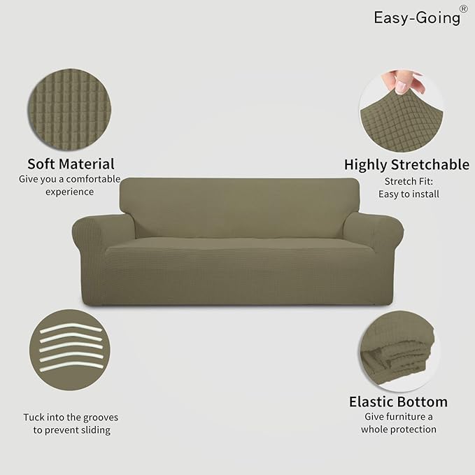 Easy-Going Stretch Sofa Slipcover 1-Piece Sofa Cover Furniture Protector Couch Soft with Elastic Bottom for Kids, Polyester Spandex Jacquard Fabric Small Checks (Sofa, Khaki)