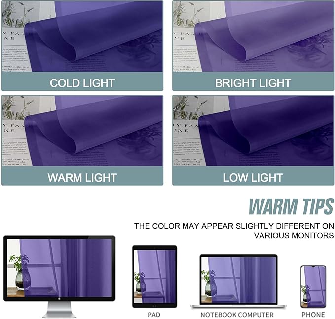 Purple Sheer Curtains 63 Inch Length 2 Panels, Voile Sheer Curtain for Living Room, Breathable Light Filtering Modern Window Treatments, Soft Fabric Dual Rod Pocket Drapes, 2x42Wx63L Inches