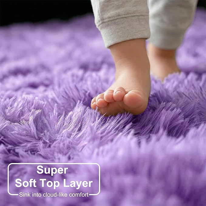 Amdrebio Purple Round Rugs 4Ft for Girls Bedroom Decor Aesthetic, Fluffy Fuzzy Circle Area Rugs for Kids Room, Soft Cute Furry Plush Shaggy Throw Lavender Carpet for Living Room, Baby Nursery, Dorm
