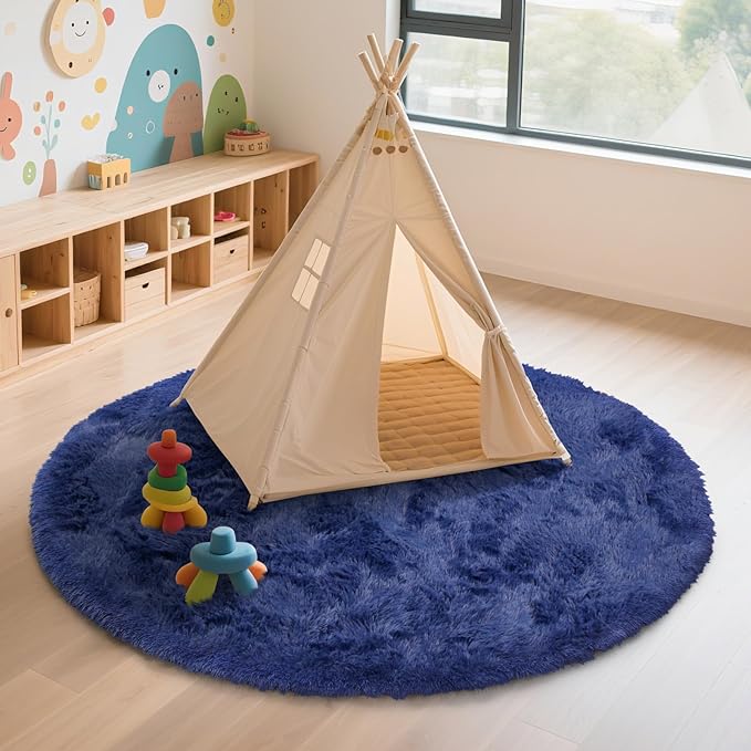 yulidayang Blue Fluffy Round Area Rugs for Bedroom,5'X5'Shag Circle Area Rugs for Living Room,Non Slip Fuzzy Plush Rug for Kids Room Boys Girls Room and Dorm Home Decor Rug