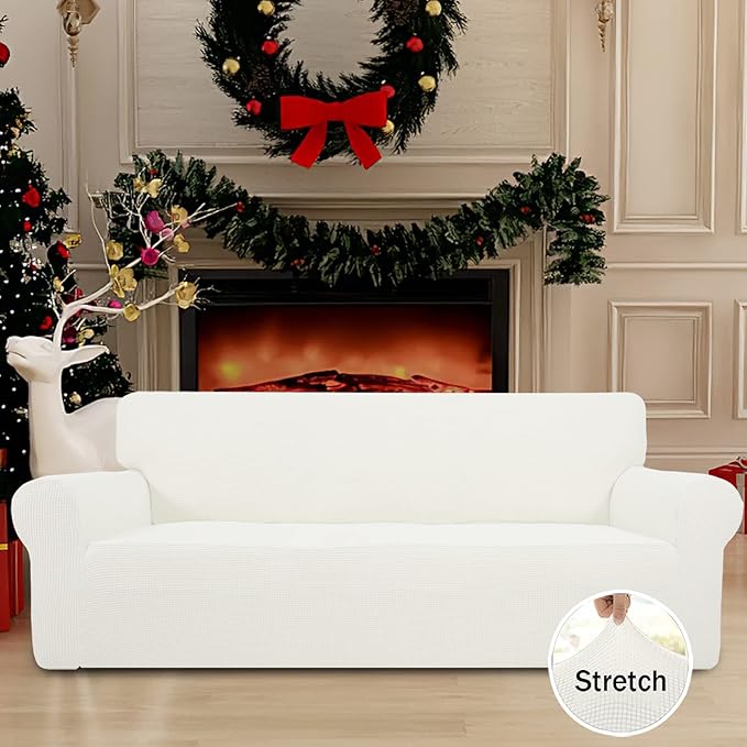 Easy-Going Stretch Sofa Slipcover 1-Piece Sofa Cover Furniture Protector Couch Soft with Elastic Bottom for Kids, Polyester Spandex Jacquard Fabric Small Checks (Sofa, Cream)
