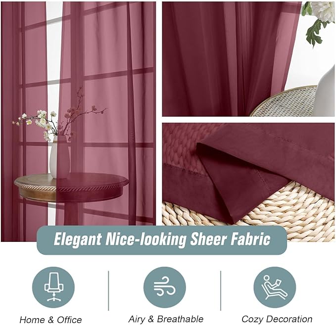 Extra Wide Sheer Curtains for Windows 108 inches Long, Lightweight Light Filtering Soft Drapes for Living Room Bedroom, Dual Rod Pocket Sheer Curtains, 2x59Wx108L inches, Burgundy, 9FT, 2PCS