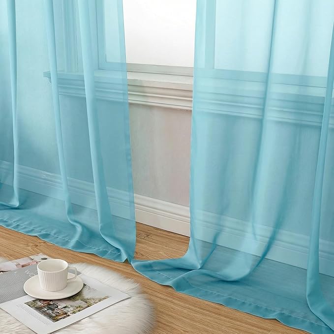 Aiyufeng Aqua Sheer Curtains 72 Inch Length 2 Panels Set, Light Filtering Airy Rod Pocket Aqua Window Curtain Treatment Drapes for Kitchen Bedroom Living, Each 42Wx72L Inches