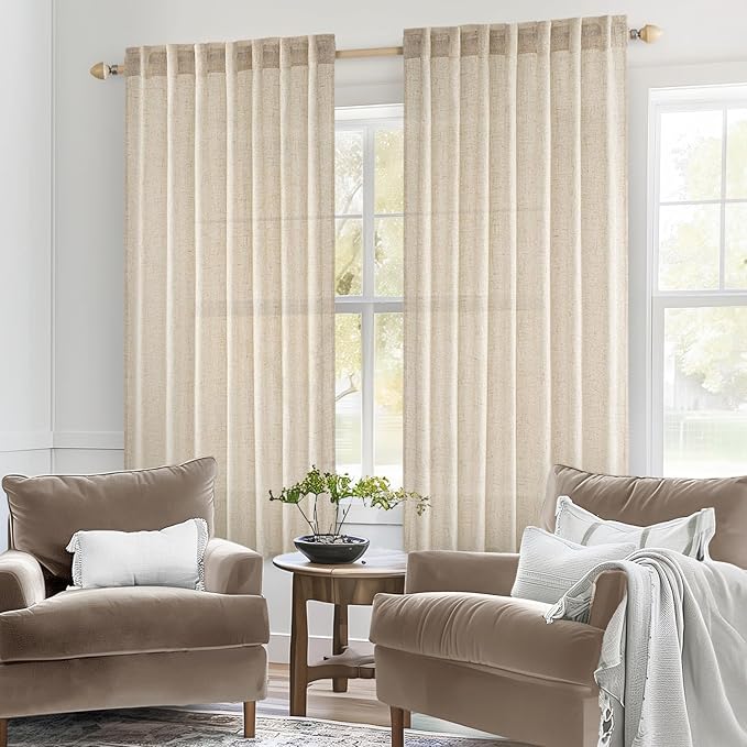 MIULEE Light Taupe Linen Curtains 63 Inch Length 2 Panels for Bedroom Living Room, Soft Linen Textured Window Drapes Semi Sheer Light Filtering Back Tab Rod Pocket Farmhouse Modern Burlap Look Decor