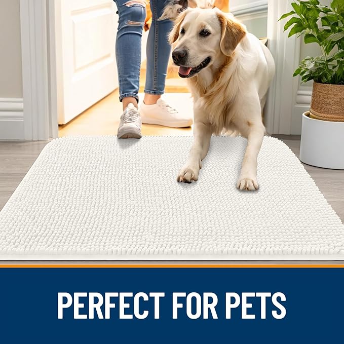 OLANLY Dog Door Mat for Muddy Paws 47x32, Absorbs Moisture and Dirt, Absorbent Non-Slip Washable Doormat, Quick Dry Chenille Mud Mat for Dogs, Entry Indoor Entryway Carpet for Inside Floor, Ivory
