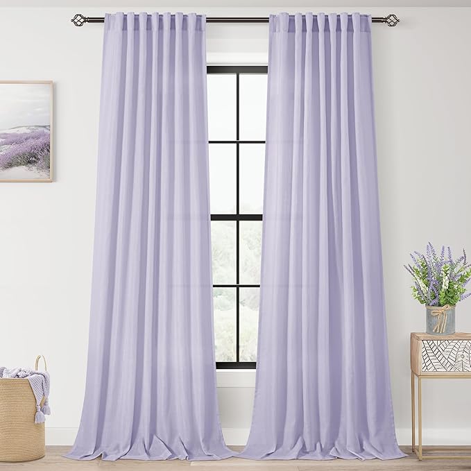 Lavender Purple Linen Curtains 84 Inch Length 2 Panels Set for Living Room Back Tab Semi Sheer Light Filtering Window Curtain for Kids Bedroom Light Purple Cute Decor Privacy Modern Elegant