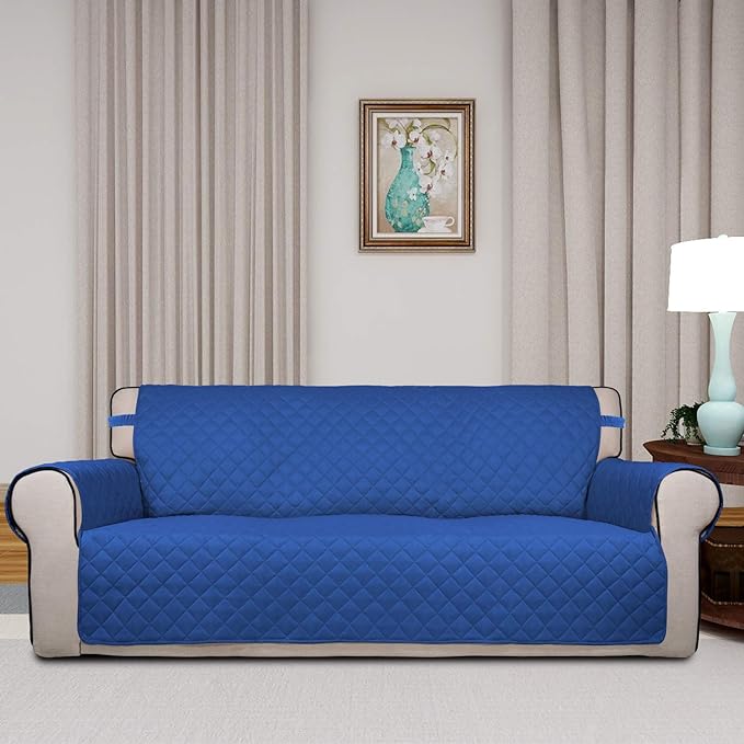 PureFit Reversible Quilted Sofa Cover, Water Resistant Slipcover Furniture Protector, Washable Couch Cover with Non Slip Foam and Elastic Straps for Kids, Pets (X Large, Classic Blue/Ivory)