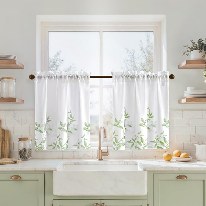 HOMEIDEAS Kitchen Curtains, Short Non-See-Through Privacy 30X24 Inch Length Tier Curtains, Green and White Leaf Floral Print Light Filtering Semi Sheer Small Window Drapes for Bathroom Cafe, 2 Panels