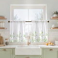 HOMEIDEAS Kitchen Curtains, Short Non-See-Through Privacy 30X24 Inch Length Tier Curtains, Green and White Leaf Floral Print Light Filtering Semi Sheer Small Window Drapes for Bathroom Cafe, 2 Panels