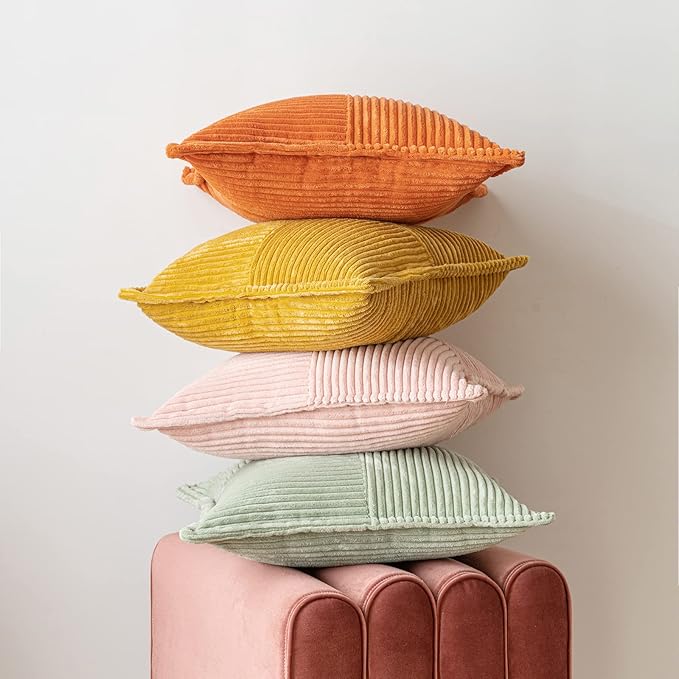 MIULEE Spring Decorative Throw Pillow Covers for Couch Bed Livingroom 20x20 Inch Set of 2 Sage Green Boho Accent Throw Pllows Broadside Striped Patchwork Soft Corduroy Pillowcases