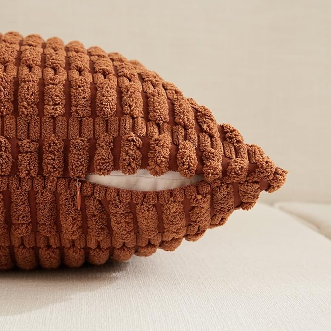 Fancy Homi 4 Packs Rust Decorative Throw Pillow Covers 26x26 Inch for Living Room Couch Bed Sofa, Terracotta Rustic Farmhouse Boho Home Decor, Soft Plush Striped Corduroy Square Cushion Case 66x66 cm