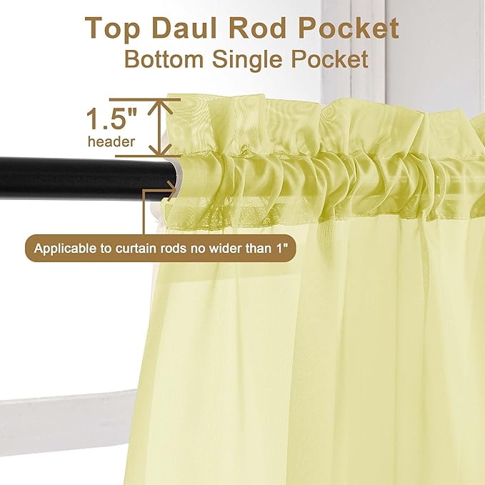 Chyhomenyc Lemon Sheer Curtains 72 Inch Length 2 Panels, Light Filtering Soft Airy Rod Pocket Voile Window Curtain Drapes for French Door Bedroom Living Room, Each 42Wx72L