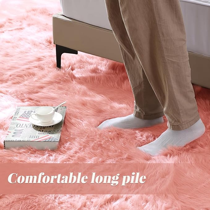 ORINOVA Pink Plush Round Rugs 6ft Large Washable Faux Fur Area Rugs for Living Room Boho Circle Fluffy Sheepskin Fur Rug for Nursery