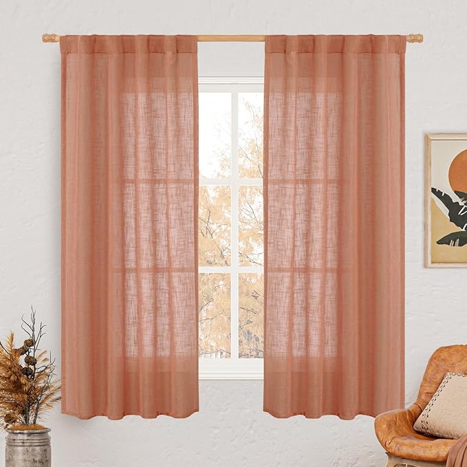 LAMIT 60 Inch Length Window Linen Curtains, Light Filtering Panels Back Tab and Rod Pocket Neutral Drapes for Bedroom/Living Room, Terracotta, 2 Panels, 34 x 60 Inch
