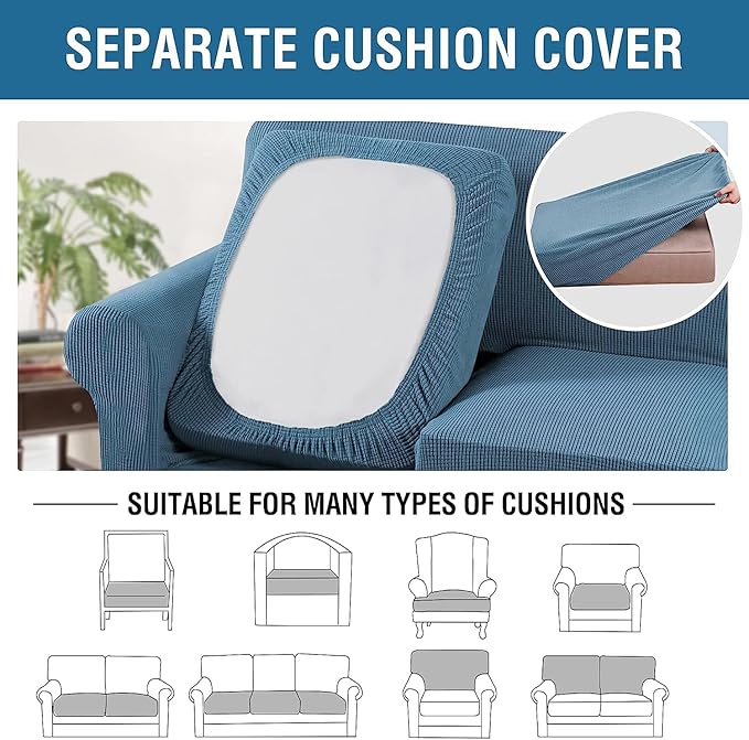 H.VERSAILTEX 3 Piece Stretch Sofa Covers for 2 Cushion Loveseat Couch Covers for Living Room Sofa Slipcovers (Base Cover Plus 2 Seat Cushion Covers) Thicker Jacquard Fabric(Medium Sofa, Dusty Blue)