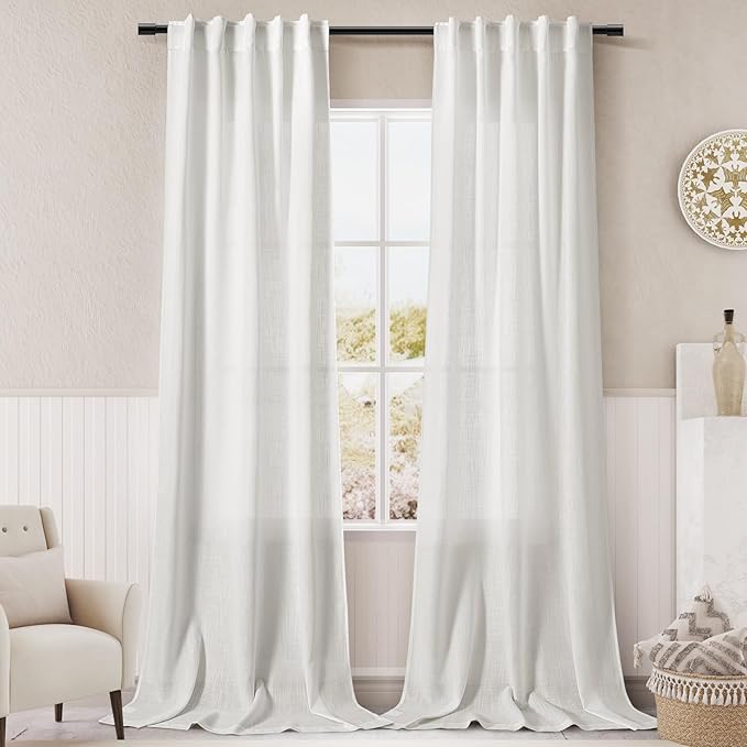 Solid Off White Curtains 96 Inches Long 2 Panels Back Tab Sheer Linen Curtain Modern Farmhouse Coastal Decor White Cotton Textured Gauze Curtains 96 inch Length for Patio Sliding Door Office Bedroom