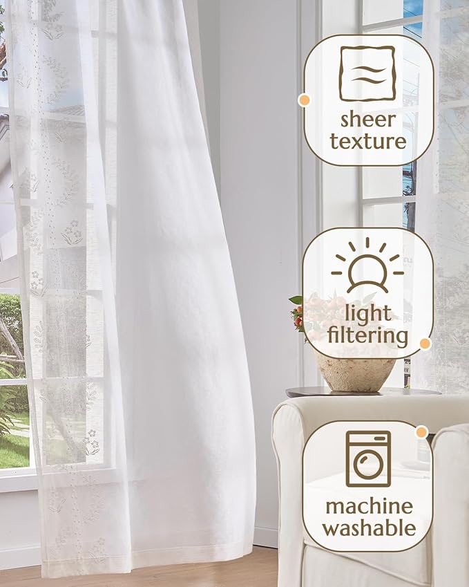 jinchan Belrose Linen Sheer Curtains for Living Room 63 Inch Length Sheer Voile Embroidered Floral Curtains for Bedroom Light Filtering Rod Pocket Window Treatments Farmhouse Decor 2 Panels White