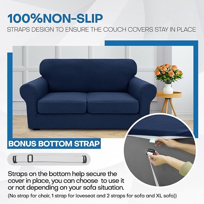 XINEAGE 2026 New 4 Pieces Extra Large Couch Covers for 3 Cushion Sofa Super Stretch Sofa Cover for 3 Large Seat Cushion Universal Slip Cover for Living Room (Navy Blue), 91"-110"(3 Cushions)