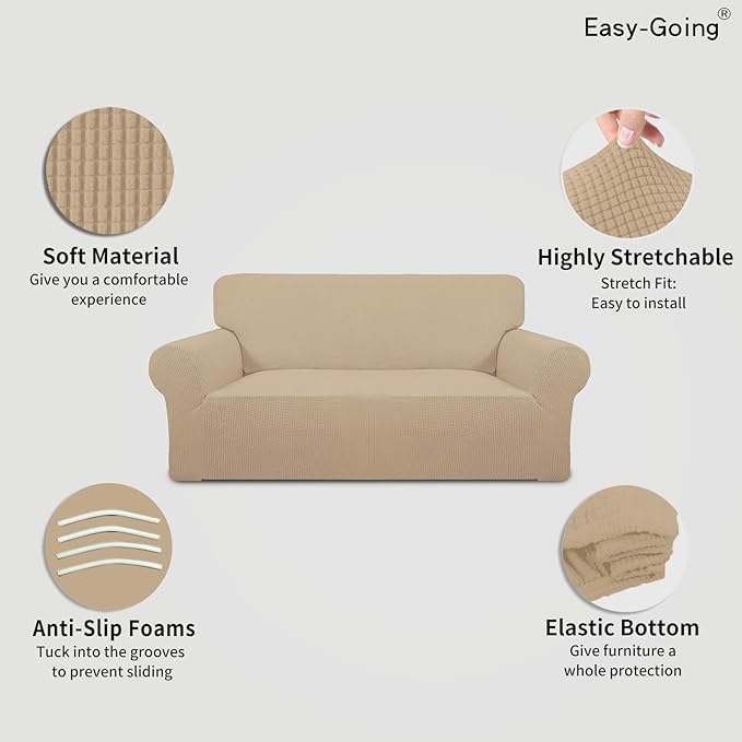Easy-Going Stretch Oversized Loveseat Slipcover 1-Piece Sofa Cover Furniture Protector Couch Soft with Elastic Bottom for Kids Polyester Spandex Jacquard Fabric Small Checks Sand