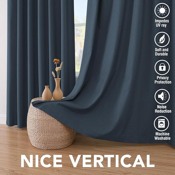 H.VERSAILTEX Linen Blackout Curtains 96 Inches Long 100% Absolutely Blackout Thermal Insulated Textured Linen Look Curtain Draperies Anti-Rust Grommet, Energy Saving with White Liner, 2 Panels, Navy
