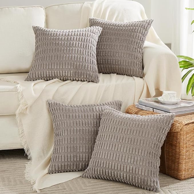 Fancy Homi 4 Packs Grey Decorative Throw Pillow Covers 20x20 Inch for Living Room Couch Bed Sofa, Modern Farmhouse Boho Home Decor, Soft Plush Corduroy Gray Square Cute Accent Cushion Case 50x50 cm