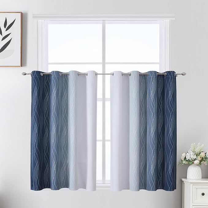 Estelar Textiler Navy Blue and Greyish White Ombre Short Blackout Cafe Curtains 36 Inch Length, Thermal Insulated Grommet Small Half Window Drapes for Kitchen/Basement/RV Camper, 52Wx36L, 2 Panels