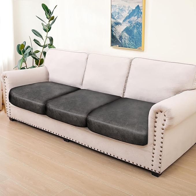 Leather Look Couch Cushion Covers Sofa Seat Slipcovers Sets Couches Furniture Protector for Sectional Armchair Loveseat Pets Kids Stretch Spandex Fabric (3 Cushion Sofa, Taupe)