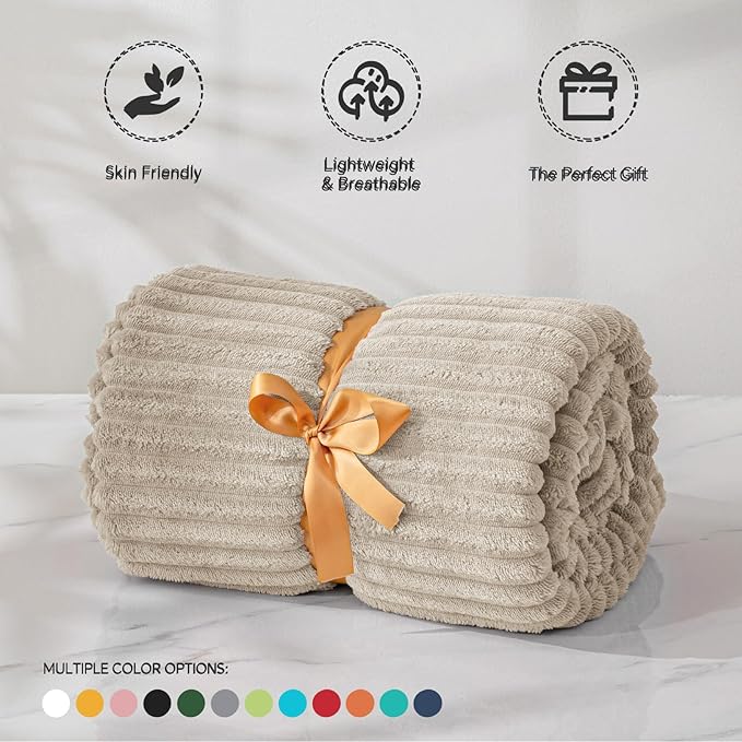 BEDELITE Fleece Blanket Twin Size – 3D Ribbed Jacquard Soft and Warm Decorative Fuzzy Blankets – Cozy, Fluffy, Plush Lightweight Throw Blankets for Couch, Bed, Sofa(Linen, 60x80 inches)