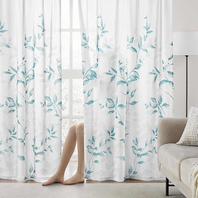 HOMEIDEAS Non-See-Through Teal and White Privacy Sheer Curtains 52 X 84 Inch Length 2 Panels, Leaf Floral Printed Light Filtering Semi Sheer Window Curtains Drapes for Bedroom Living Room
