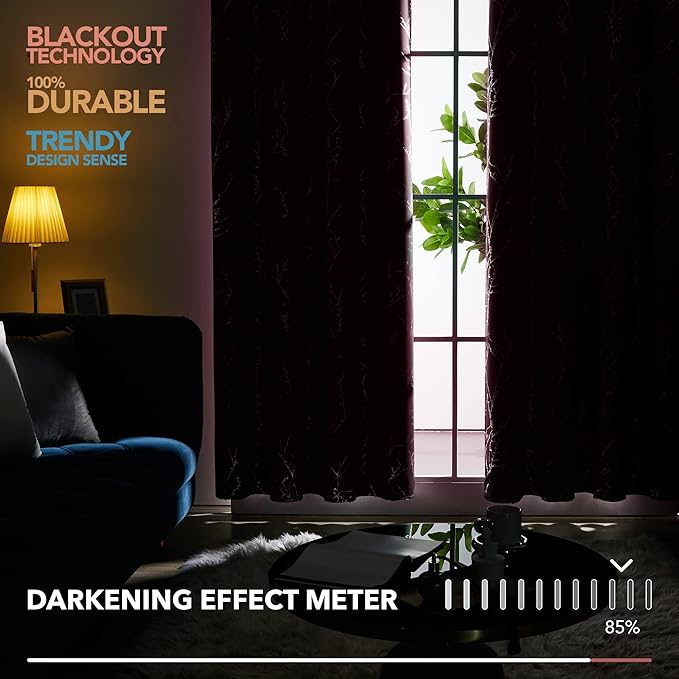 Deconovo Blackout Curtains, Purple Curtain, Thermal Insulated Soundproof Grommet Drapes, Silver Tree Foil Print, 52 x 63 Inch, 2 Panels, Machine Washable Window Panel for Living Room Bedroom Office