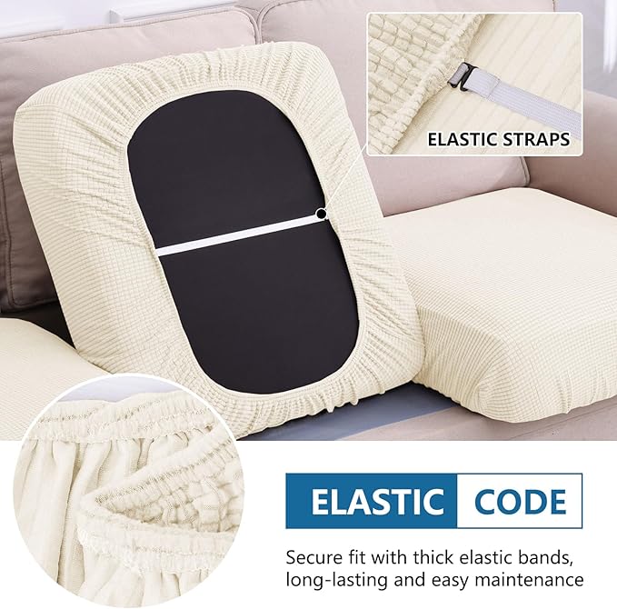 hyha Waterproof Couch Cushion Covers for Pets, Non Slip Sofa Seat Cover for Dogs Washable, Soft Thick Stretch Jacquard Fabric, Sofa Slipcovers with Elastic Bottom (2 Pieces, Light Beige)
