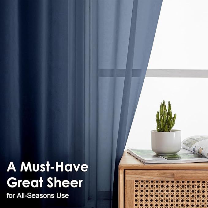 OVZME Navy Blue Sheer Curtains 78 Inches Long 2 Panels - Soft Light Filtering Window Sheer Panels for Living Room/Bedroom, Top Dual Rod Pocket, 1 Pair, Each 42Wx78L Inches