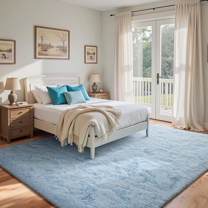 4x6 Ft Shag Rugs for Bedroom Living Room, Ultra Soft Fluffy Furry Area Rugs for Indoor Floor, Aesthetic Carpet for Kids Home Decor (Light Blue)