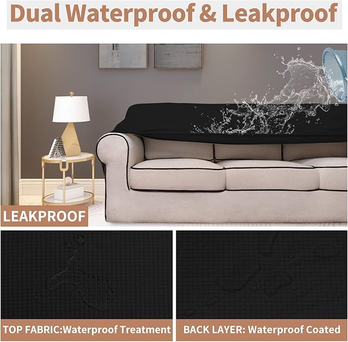 Easy-Going 100% Waterproof Couch Cover, Dual Waterproof Sofa Cover, Stretch Jacquard Sofa Slipcover, Leakproof Furniture Protector for Kids, Pets, Dog and Cat (Oversized Sofa, Black)