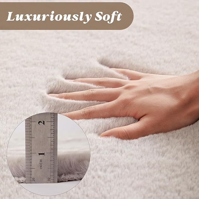 ThreadGlobe Fluffy Faux Rabbit Fur Circle Rug 3'x3', Cloud-Soft Area Rug for Bedroom & Nursery, Non-Slip No-Shed Design, Machine Washable Rug, Grey, 3x3 Ft