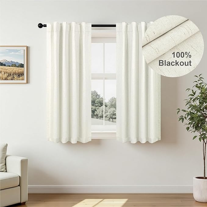 Pitalk 100% Blackout Short Linen Curtains for Cafe 40 Inch Length 2 Panels Half French Door Curtains for Window Privacy Small Curtain for Front Back Door Glass Window Kitchen Basement Loft Cream Ivory